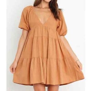 Girl and the sun Lorey Dress tan babydoll tiered puff sleeve linen blend m
